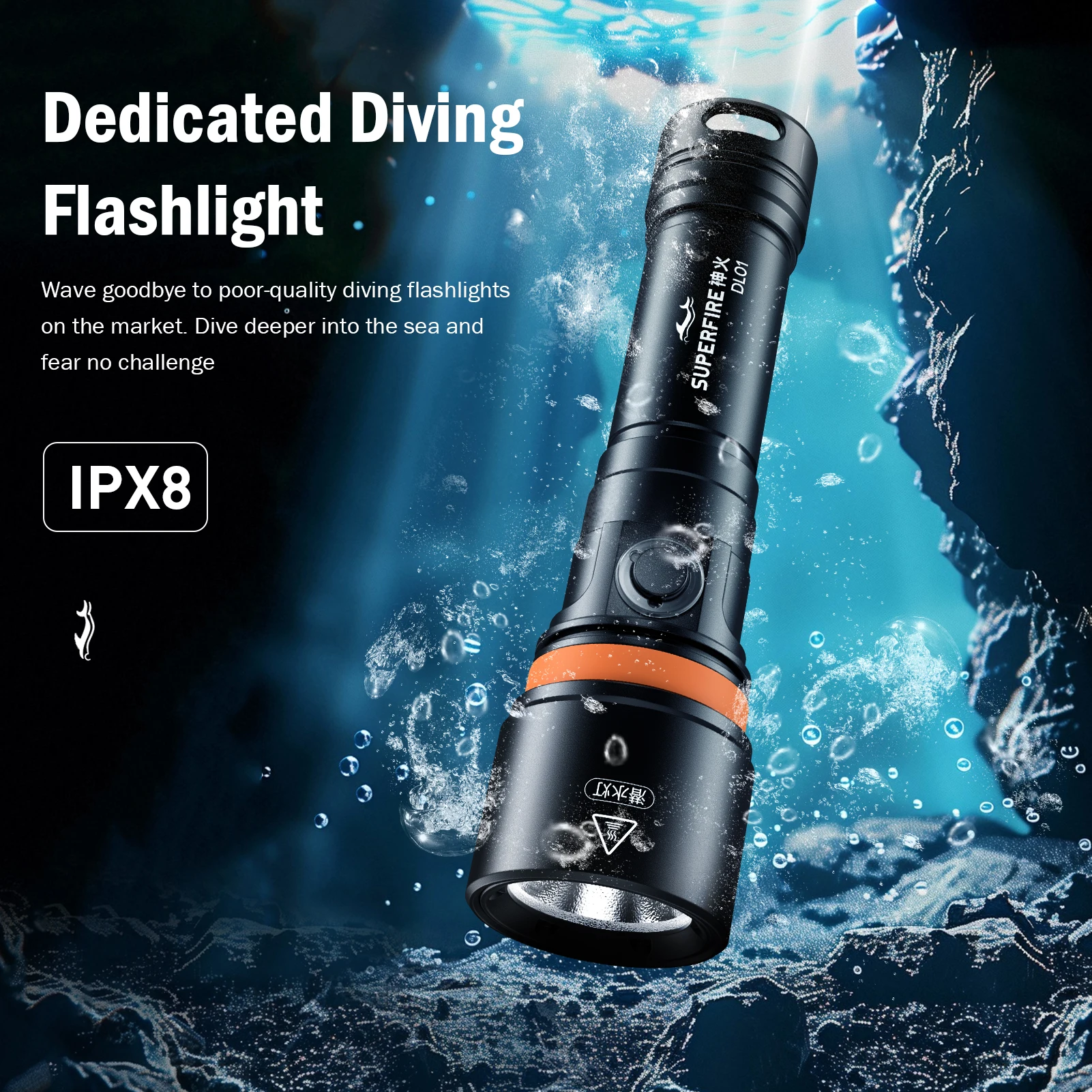 

SUPERFIRE DL01 15W Diving Flashlight IPX8 Waterproof Professional Underwater 100Meter Scuba Emergency Light 1400 Lumens Working