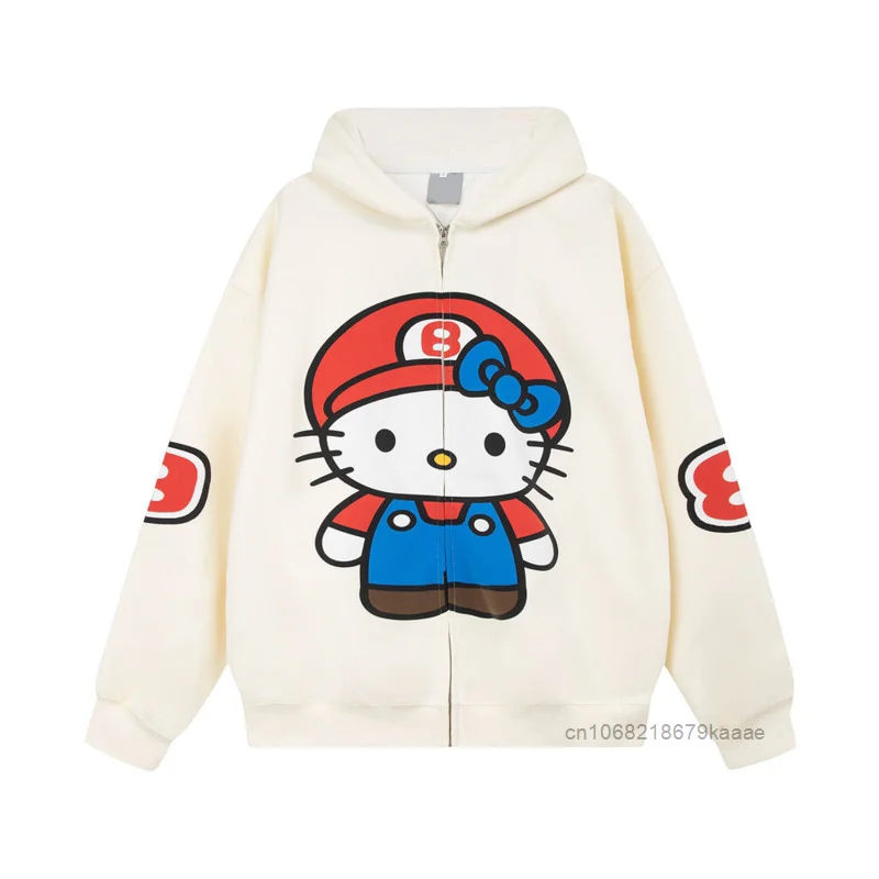 Sanrio Hello Kitty Korean Style Premium Cartoon Print Cardigan Female Plush Hooded Sweatshirt Y2k Cute Girl New Loose Ziper Coat