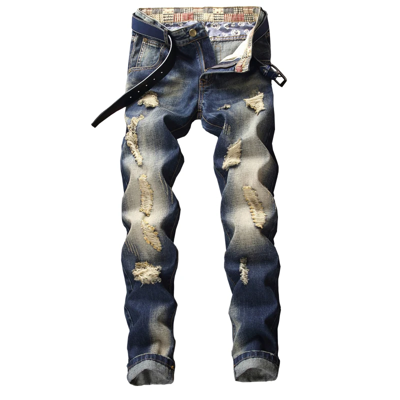 Jeans da uomo Streetwear pantaloni di Jeans strappati pantaloni di tendenza buco distrutto Casual Biker distrutto dritto regolare