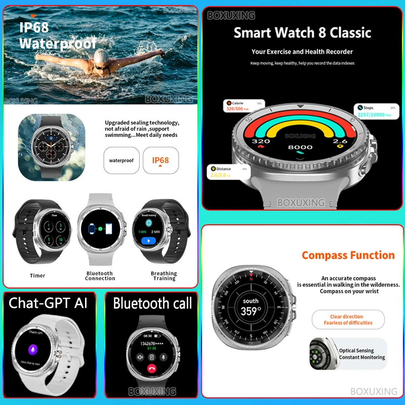 Nowy Smartwatch 8 Classic 2025 dla mężczyzn, ekran AMOLED, połączenia Bluetooth, śledzenie GPS, pomiar tętna, wodoodporność IP68, smartwatch kompatybilny z Samsung