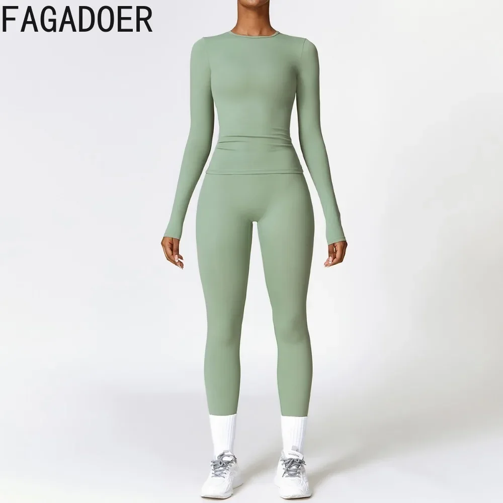 FAGADOER Autumn New Sports Two Piece Set Women Outfit Solid Stretchy Long Sleeve Tops and High Waist Leggings Jogger Streetwear