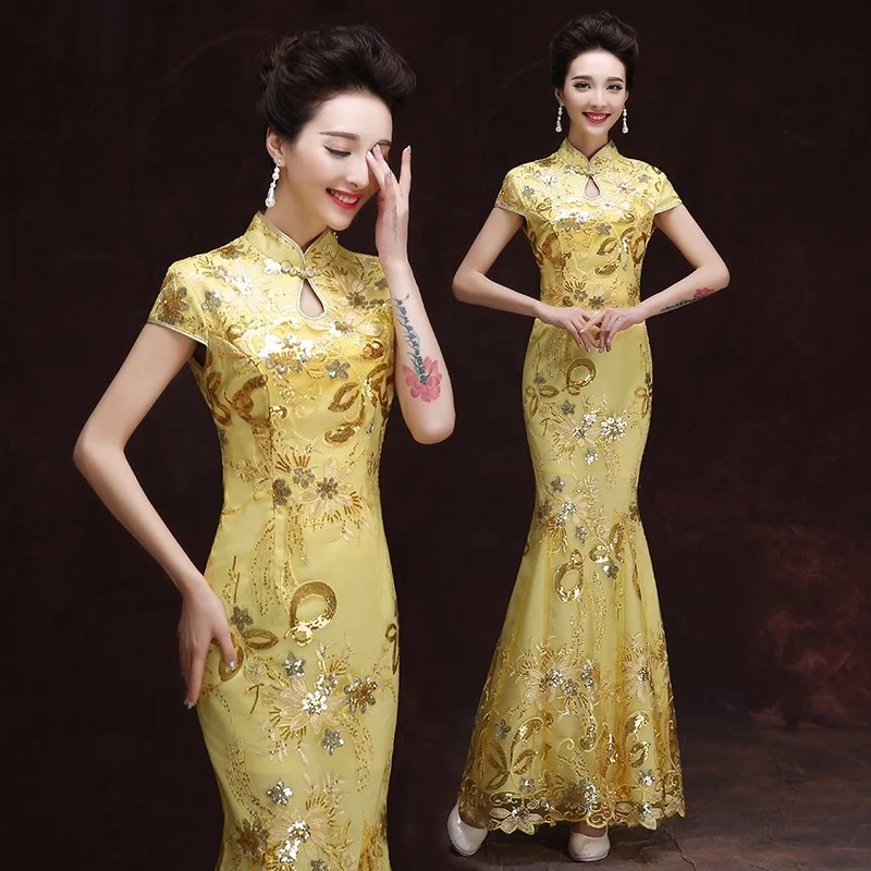 

Gold Long Party Cheongsam Women Fish Tail Hem Oriental Slim Retro Chinese Traditional Dress Elegant China Clothes Wedding Qipao