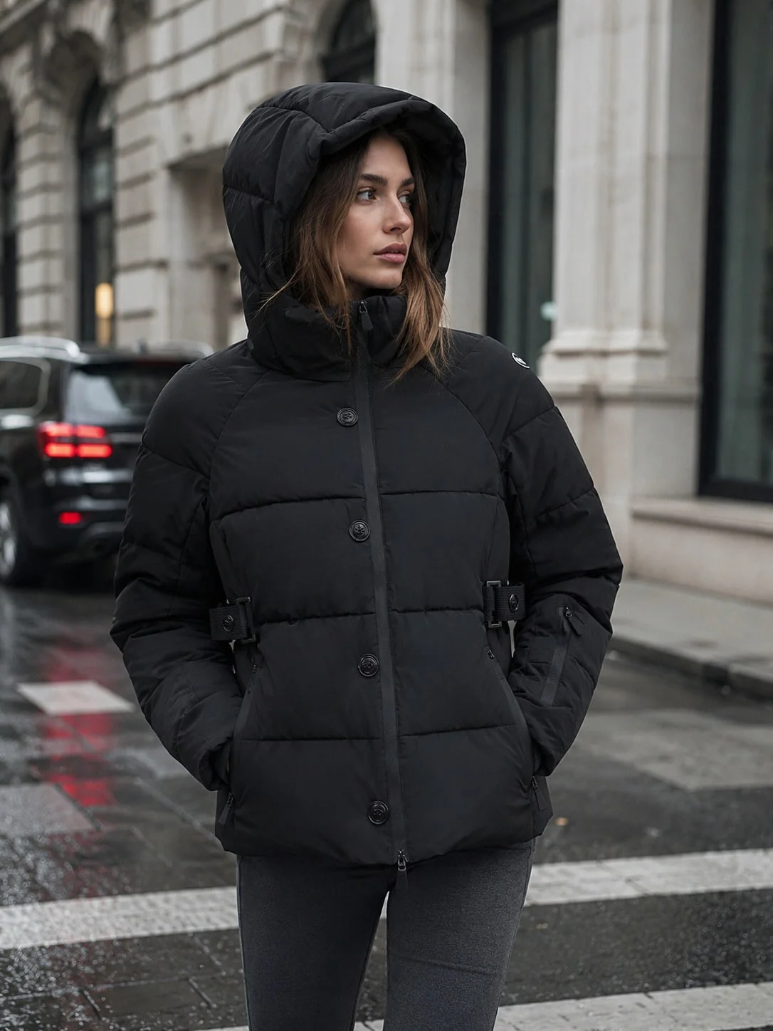 Women's Short Black Cotton Jacket and Coat, Unique Slim Fit Waist-Cinching Design, Winter Fashion Skiing Wear, High-End Style