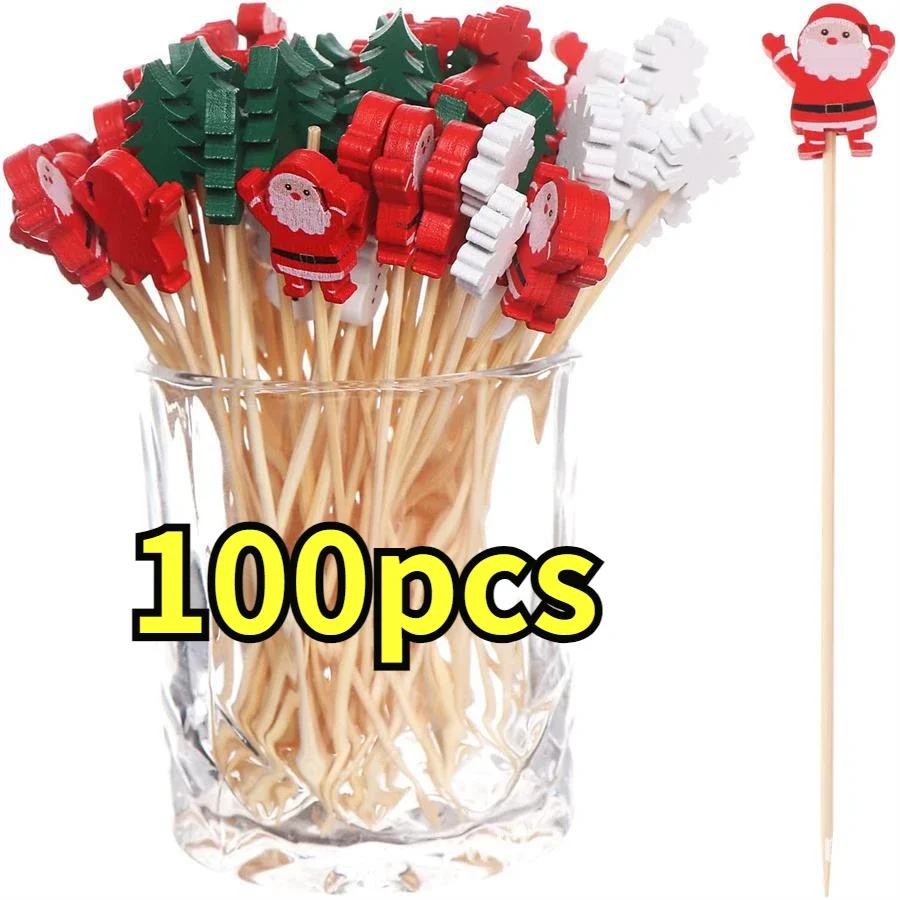 

100Pcs Christmas Disposable Bamboo SkewersChristmas Tree Elk Santa Claus Snowman Sticks Xmas Ornaments Christmas Party Decor