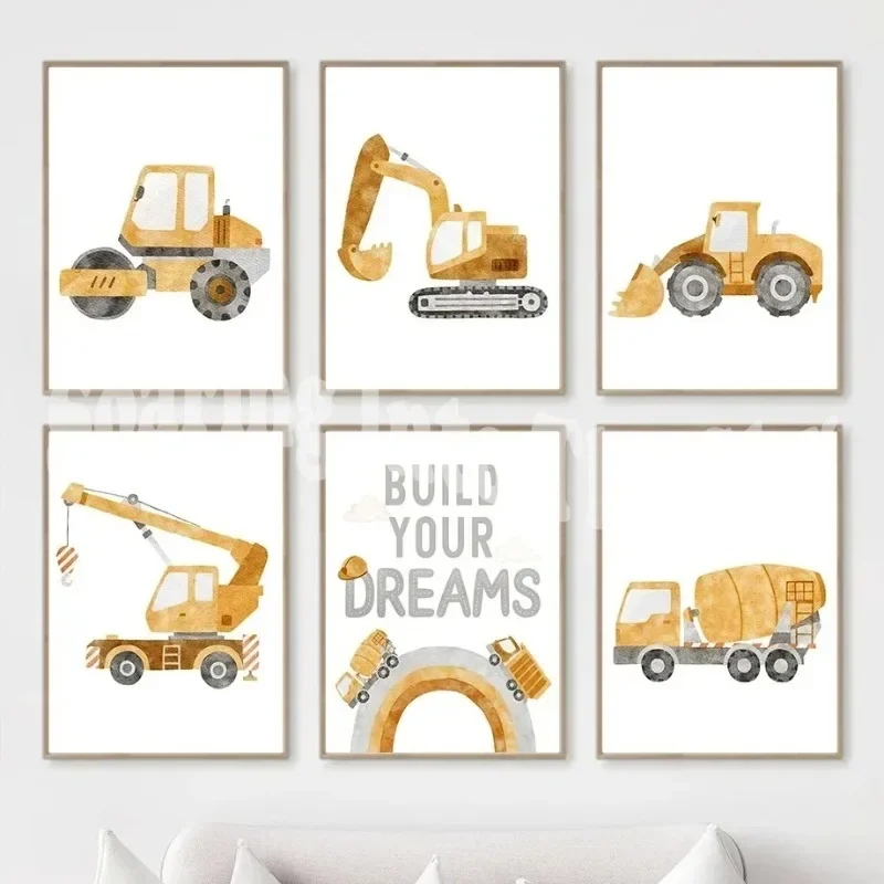 1Pcs Wall Decoration Poster Tractor Excavator Home Decor Interior Paintings Cartoon Canvas Painting Kindergarten Decor for Room