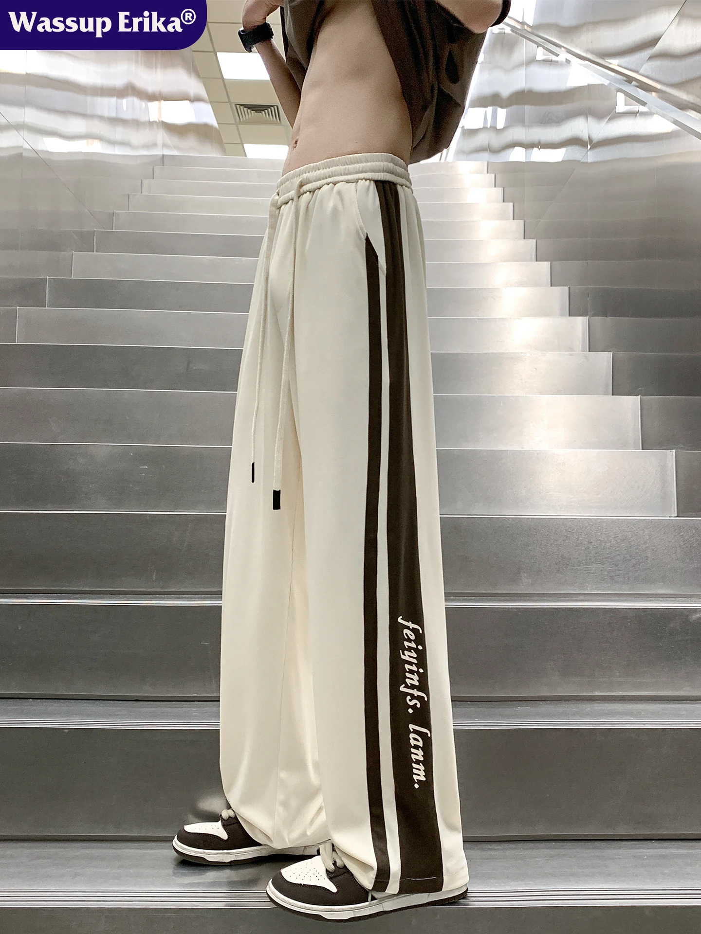 

Wassup Erika Men's Ice Silk Sports Pants Summer Thin Qui Dry Straight Leg Stripe Casual Trousers Faionable Urban Sle