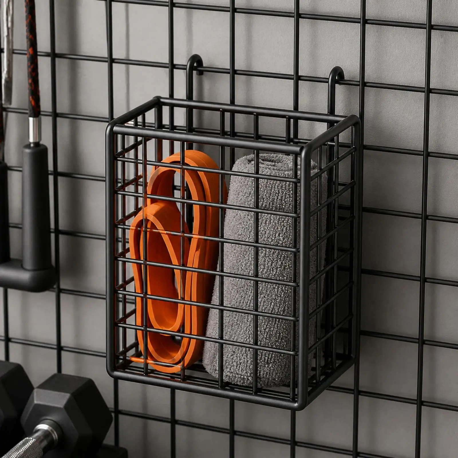 Rectangular Hanging Basket with Wire Mesh Multi-Functional Wire-Grid Hanging Basket with Hooks Compact for Home Gym, Sports
