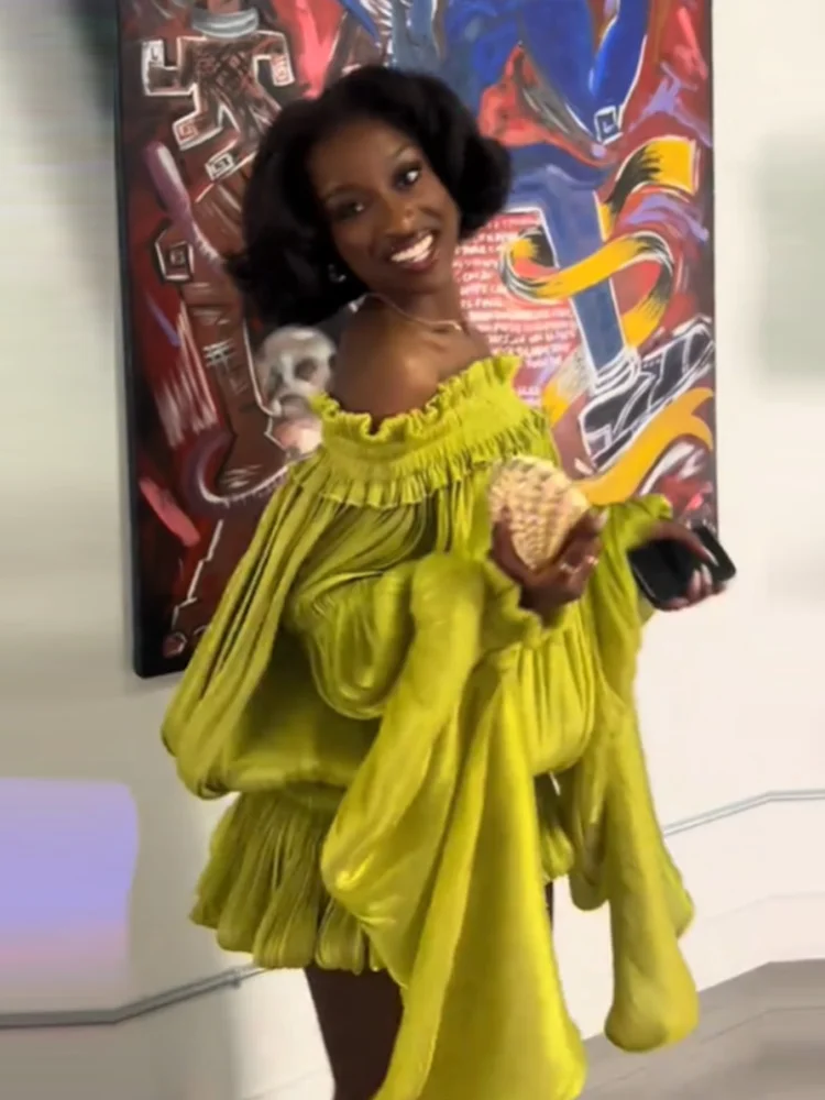 

Элегантное мини-платье 2026 года с открытыми плечами, плиссированное, лаймово-зеленого цвета, с расклешенными длинными рукавами, оборками и пышным подолом, новое, для отпуска и вечеринок