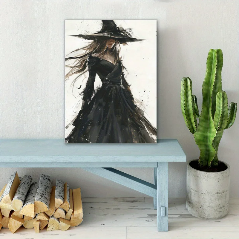 Elegant Witch in Black Dress and Hat Wall Art - 1pc Wooden Framed Waterproof Canvas Painting for Living Room, Home Halloween Dec