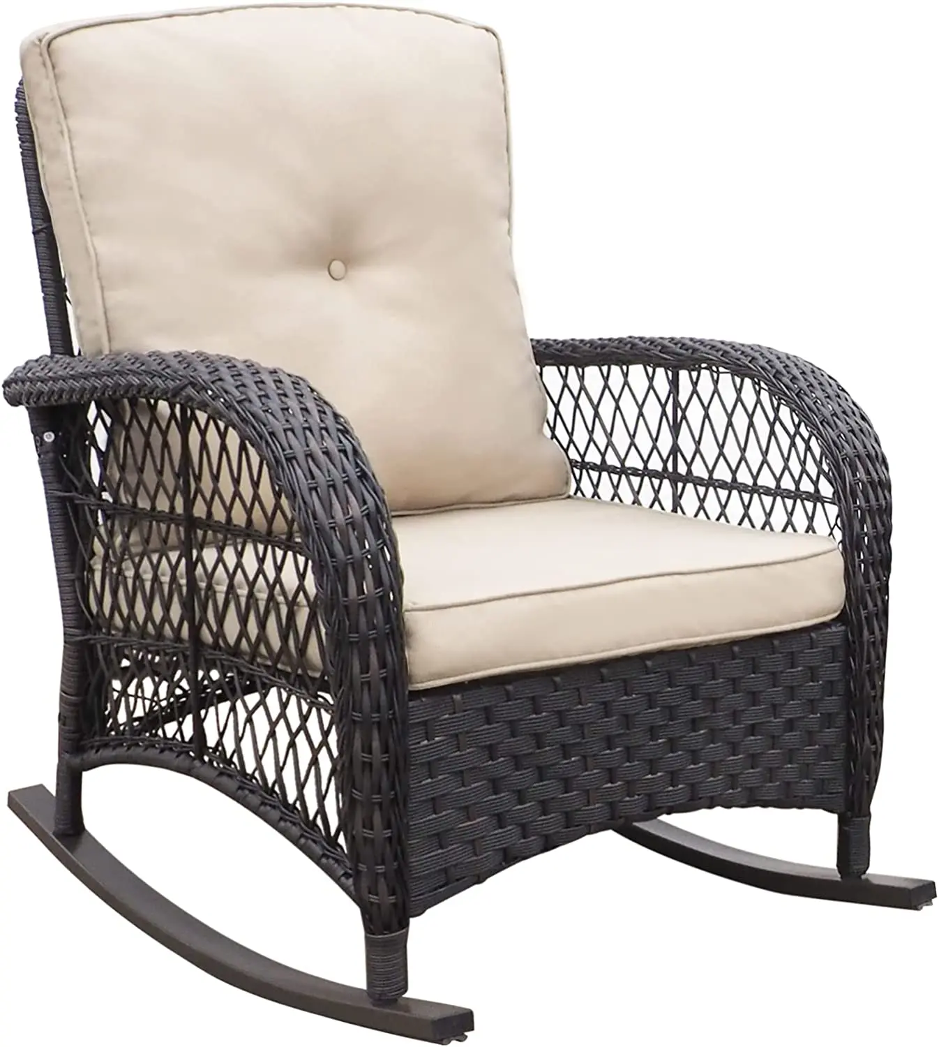 Outdoor Resina Wicker Cadeira de balanço com Olefin Almofadas, Pátio Quintal Móveis Club Rocker Chair, Black Wicker & Almofadas Khaki
