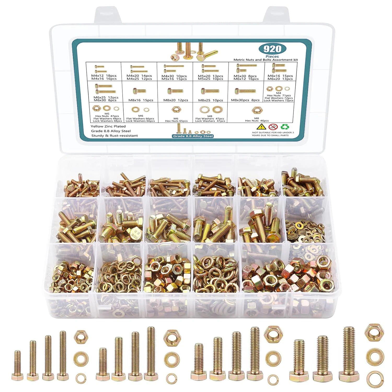 

920 PCS 8.8 Grade Metric Bolts and Nuts Classification, M4/M5/M6/M8 Heavy Hexagon Head Bolts and Nuts Kits, Yellow Galvanized
