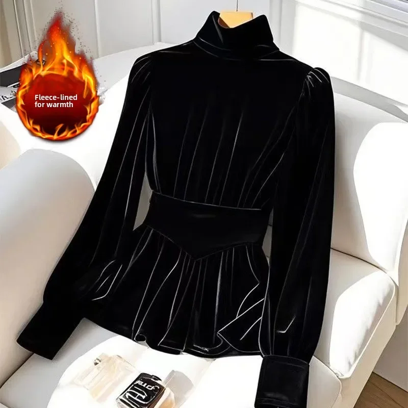 

French Unique Long Sleeve Velvet Shirt Inner Wear Black Fleece Lined Luxury Sensation Fabric 3D Effect Shoulder