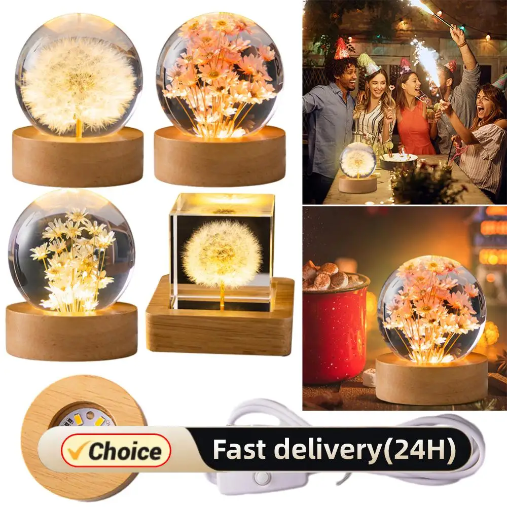 

﻿ 3D хрустальный шар одуванчика с деревянной основой навсегда цветы хрустальный шар ночник круглый шар настольный ночник идеальный подарок