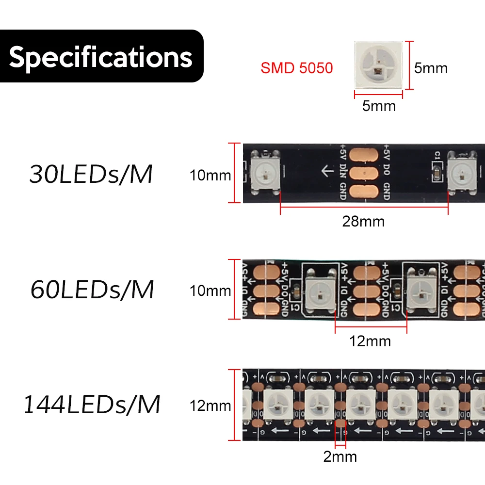 Imagem -03 - Pixel Endereçável Inteligente Rgb Led Strip Light Ws2812b Ws2812 ic 30 60 144 Pixels Leds m Ip30 Ip65 Ip67 dc 5v Dc5v