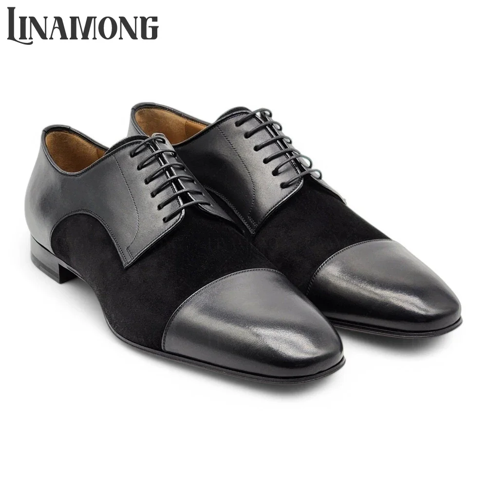 Polished Leather Suede Derby Shoes Black Leather Trim Embellishment Dress Shoes Square Toes Lace-Up Low Heel Men's Leather Shoes