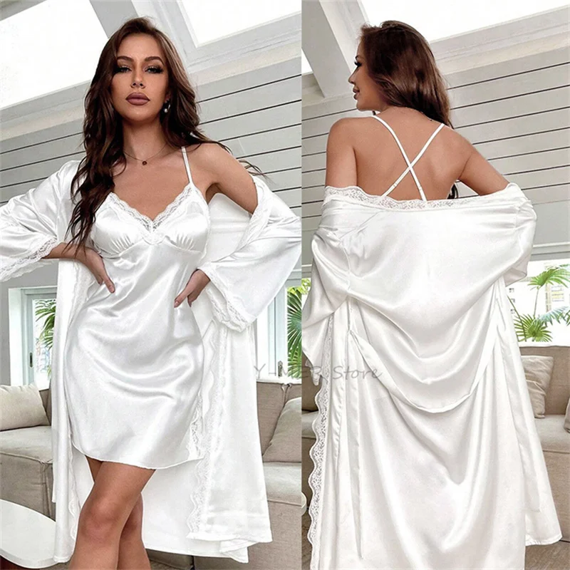 Sexy Lace Patchwork Home Dressing Gown Summer New Satin Nighty&robe Set Women Nightgown Sleepwear Intimate Lingerie Loungewear