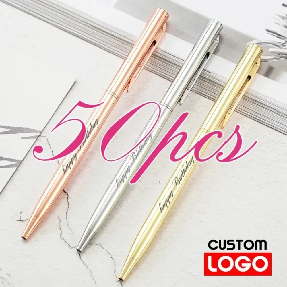 50 Pcs Metal Ballpoint Pen Rose Gold Pen Custom Logo School&office Supplies Stationery Business Gift Lettering Engraved Name