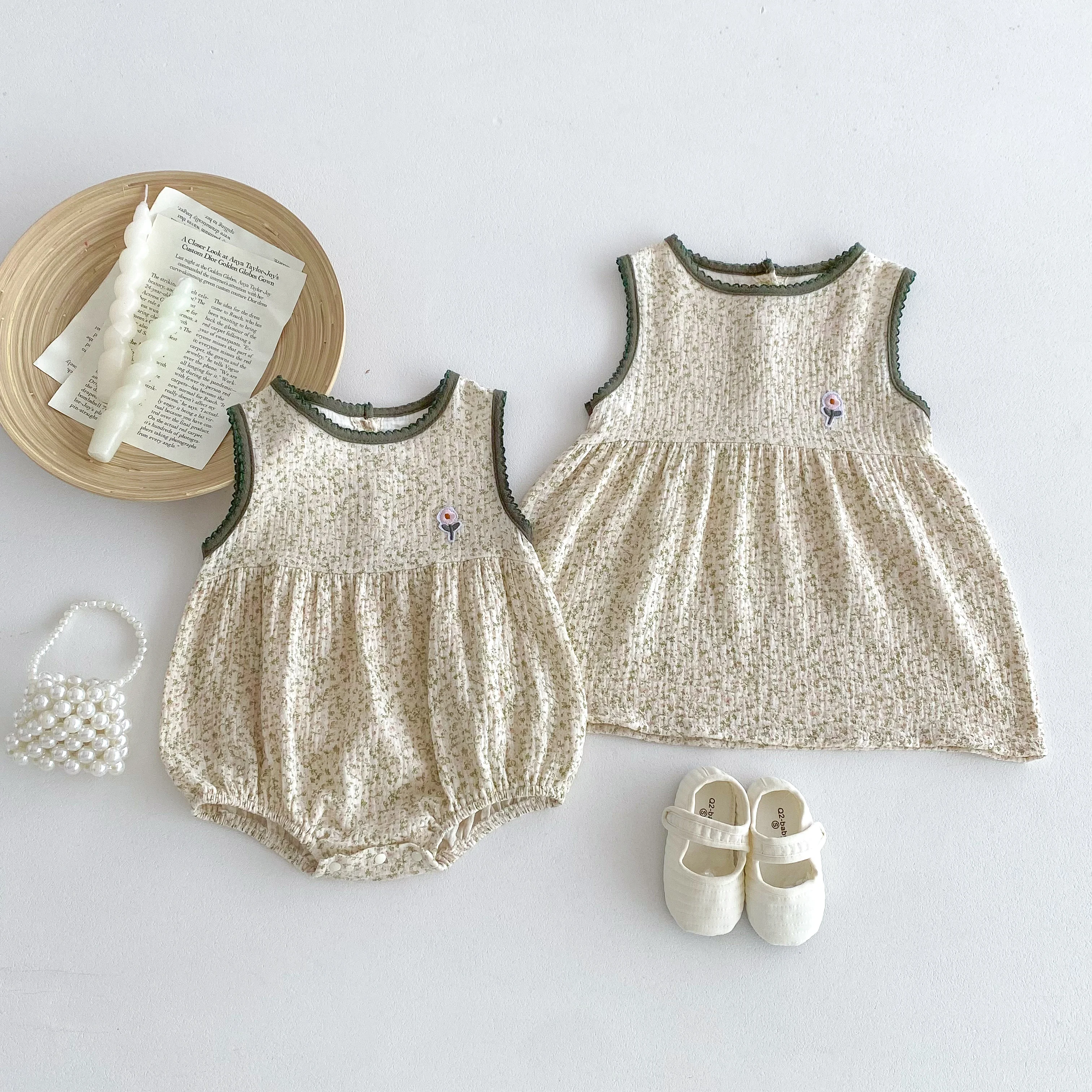 Summer New Style Korean-Style Baby Girls Floral Halter Dress with Lace Trim - Elegant Sister Set for Girls