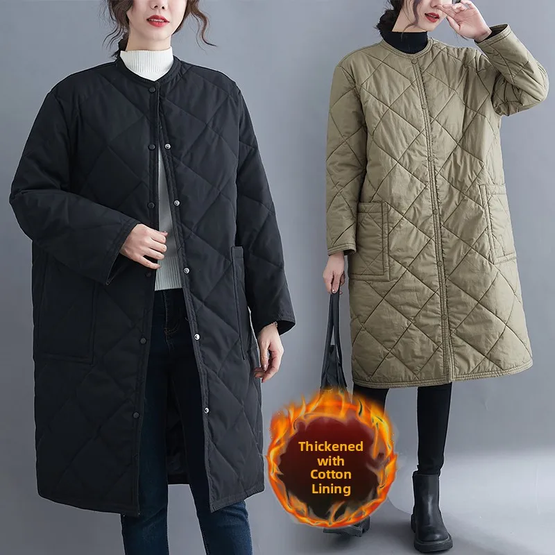 Długi płaszcz bawełniany Thiened za kolano, ciepły, okrągły dekolt, modny płaszcz damski do pracy, artystyczny płaszcz w jednolitym kolorze.