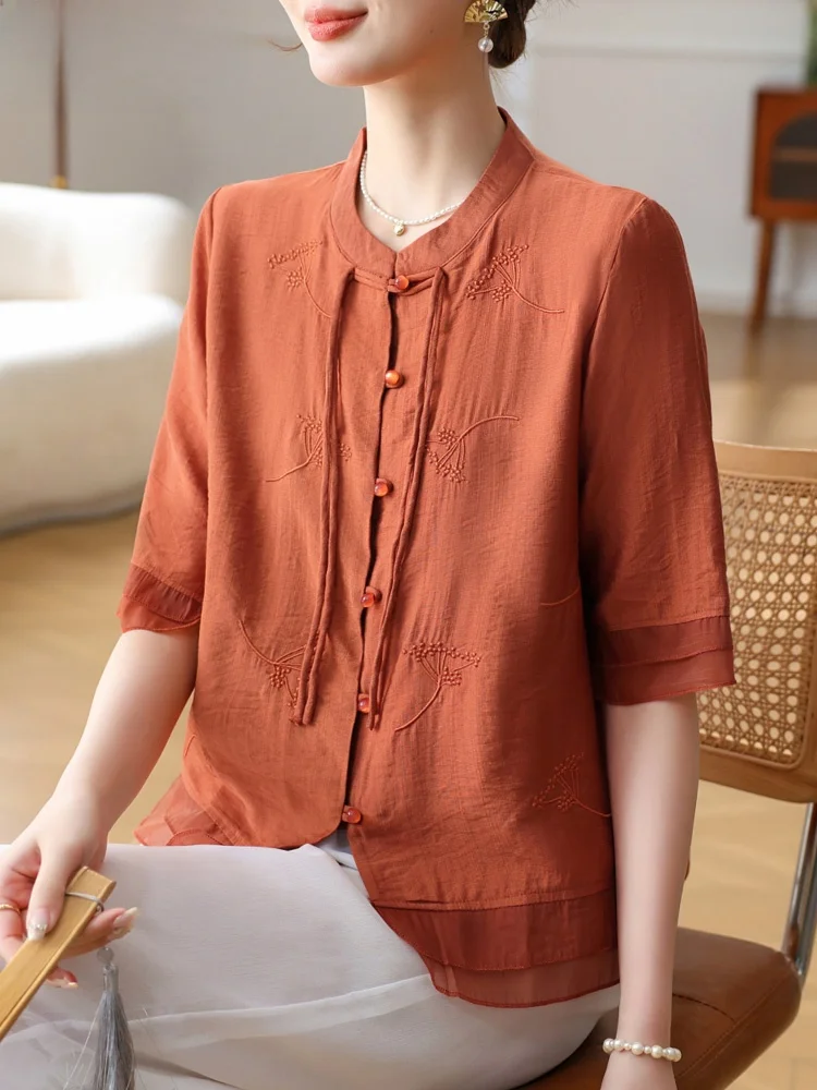 

Новый китайский летний комплект из хлопка и льна: модная свободная двойка для женщин среднего и старшего возраста.