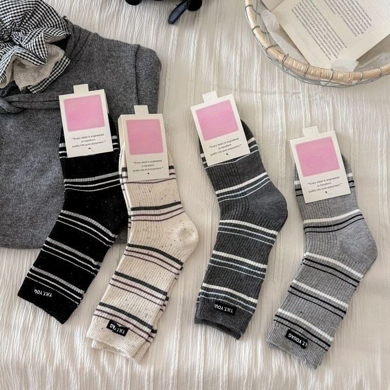 Autumn and Winter Women Socks Korean Retro Striped Cloth Label Cotton Knitted Long Socks Contrasting Color Medium Tube Socks Sox