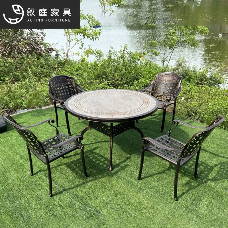 Outdoor cast aluminum tables and chairs courtyard outdoor garden leisure three-five-piece balcony waterproof sunscreen wrought i