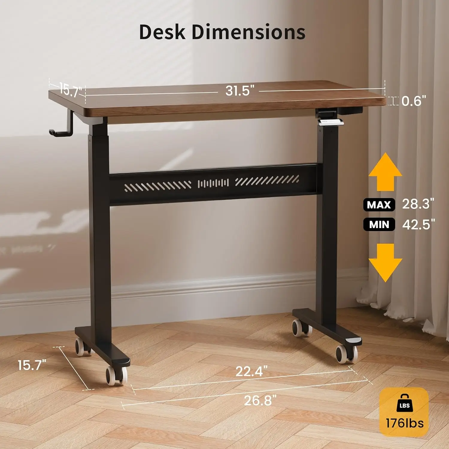 Mobile Standing Desk with Wheels, 32 inch Pneumatic Height Adjustable Desk for Walking Pad, Small Rolling Computer Workstation,