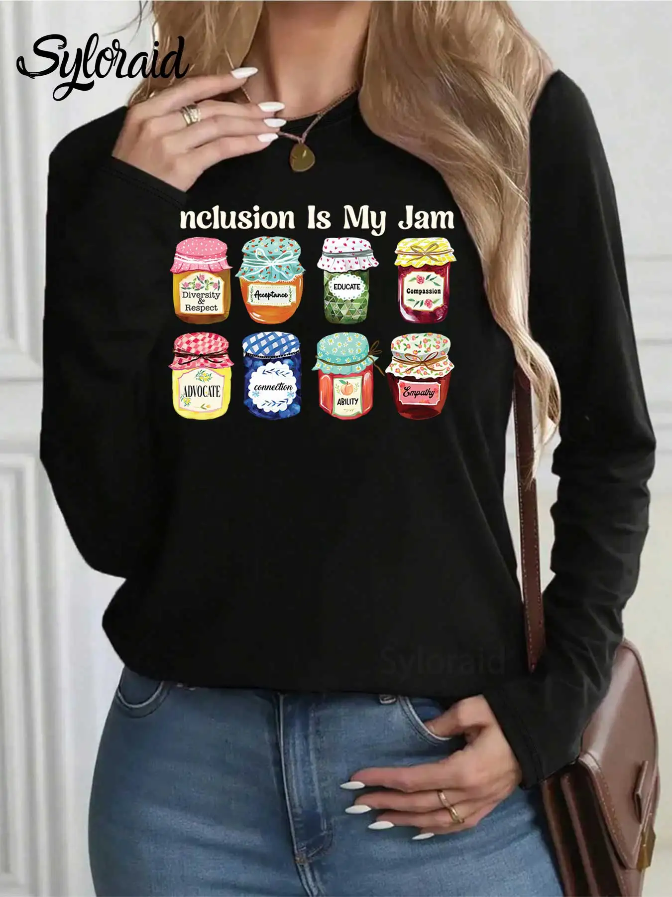 Women's Long Sleeve T Shirt Inclusion Is My Jam T Shirt Special Education Autism Teacher Shirt Fashion Round Neck Casual Top