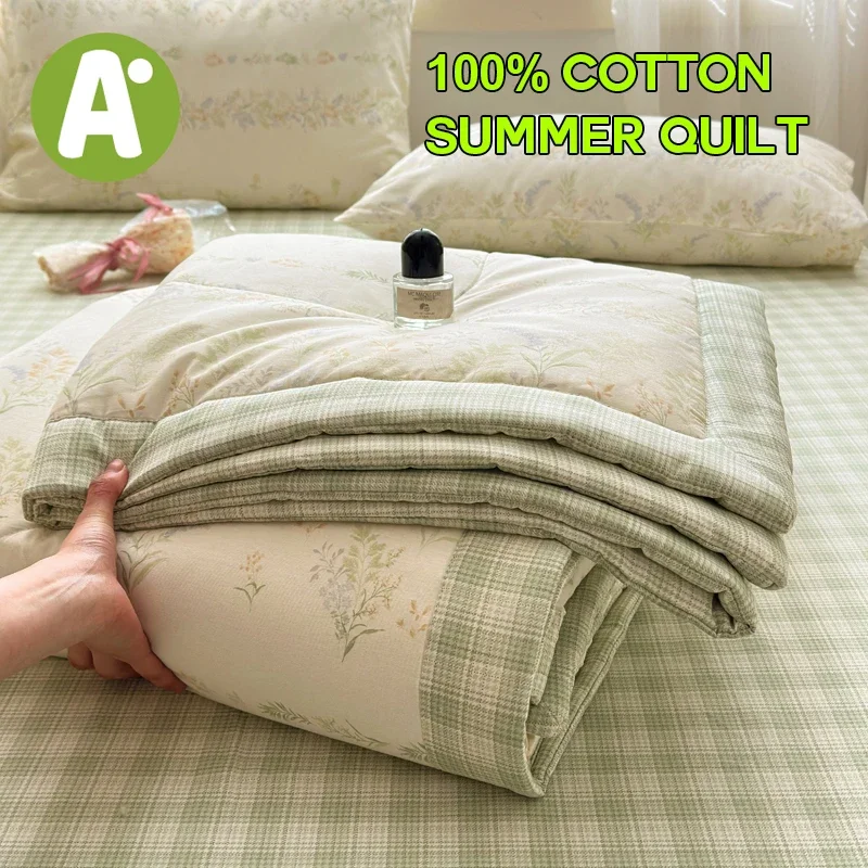 Floral Printing 100% Cotton Summer Comforter Lightweight Skin Friendly Thin Quilt Breathable Queen Air Conditioner Duvet Blanket