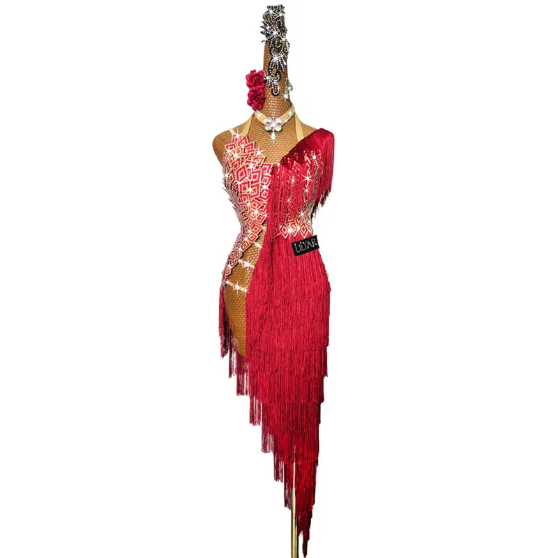 New Latin Dance Performance Competition Performance Clothing Burgundy Tassel Sparkling Diamond Long Slim High-End Dance Skirt