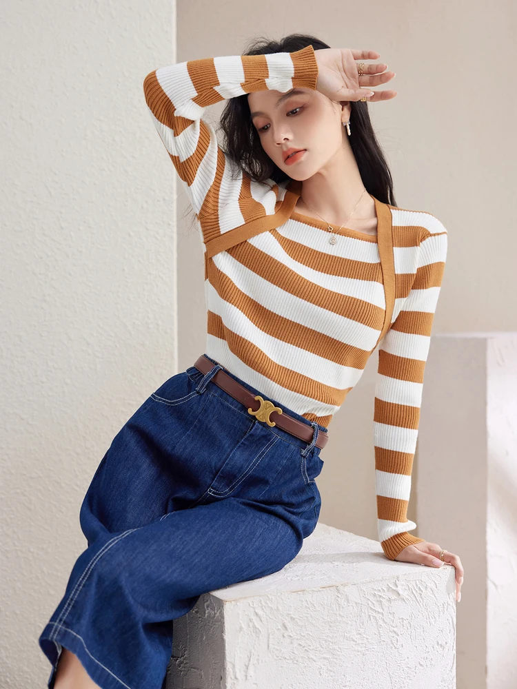 Striped Knitted Sweaters Women Clothes 2024 Autumn Winter Pullovers Slim Tops Korean Long Sleeve Square Neck Sweater