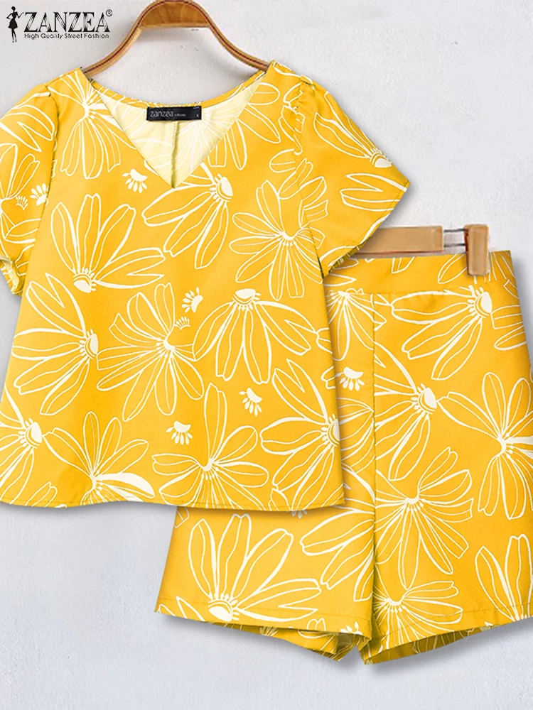 

Women Summer Short Sets 2025 ZANZEA Vintage Printed Short Sleeve V-Neck Tunic Tops and Shorts Fashion 2PCS Casual Loose Sets