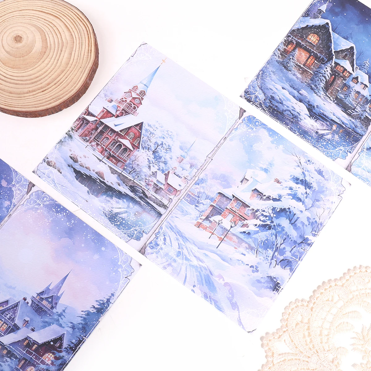 ロマンチックな雪のクリスマスをテーマにした紙、1パック8枚入り、家や雪の景色が描かれ、DIYスクラップブックの装飾に最適です。