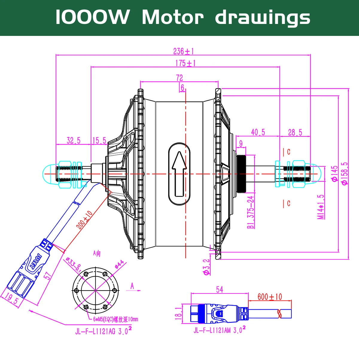 New Ebike Fat Tire Motor 48V 1000W 4.0Tire Rear Brushless Gear Hub Motor Dropout 170-175mm with temperature sensor For Electric