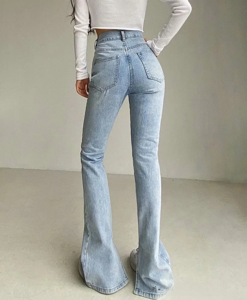 春秋INSマイクロフレアジーンズ レディース スリムフィット ハイウエスト ロングパンツ 薄手デニム フロア丈パンツ 若い女性向け