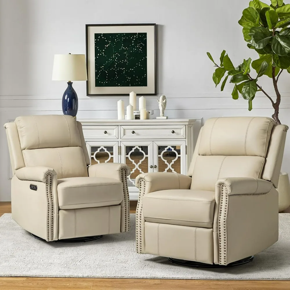 

Leather Recliner Chairs Set of 2 with USB Port, Modern Electric Swivel Rocker Glider Recliners with Nailhead Trim & Metal Base