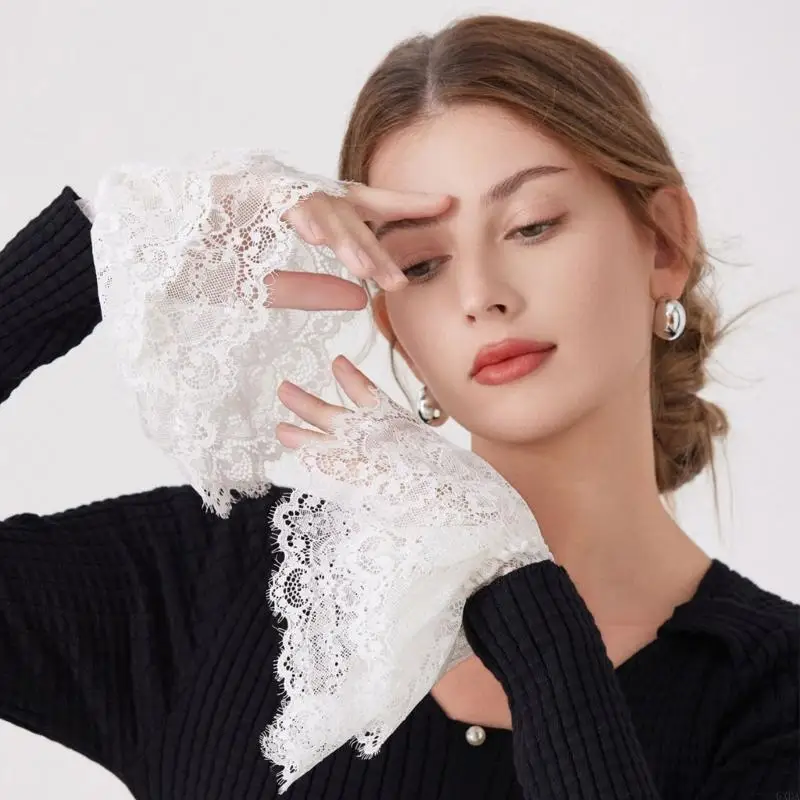 White Embroidered Lace Arm Covers for Women Detachable Cuffs Sleeves Decoration with Elastic Opening for Commute Wear 6XDA