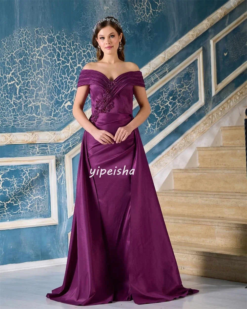 Estilo moderno Applique lantejoulas vestidos plissados, vestido longo fora do ombro para baile, coluna ruched, clássico requintado e simples