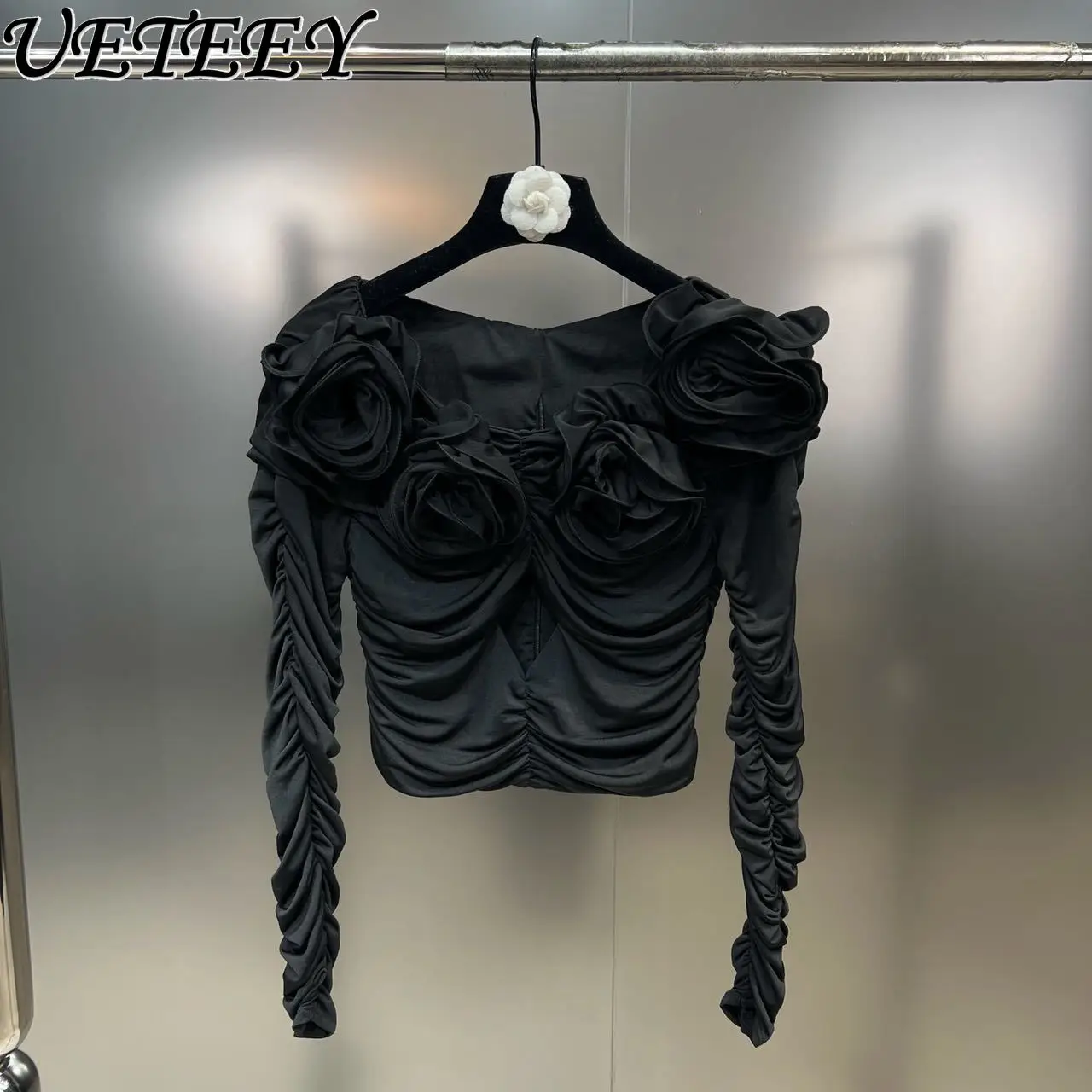 2024 automne nouveau élastique à manches longues 3D Floral à manches longues petit haut taille minceur piste Style minceur noir Blouses pour les femmes