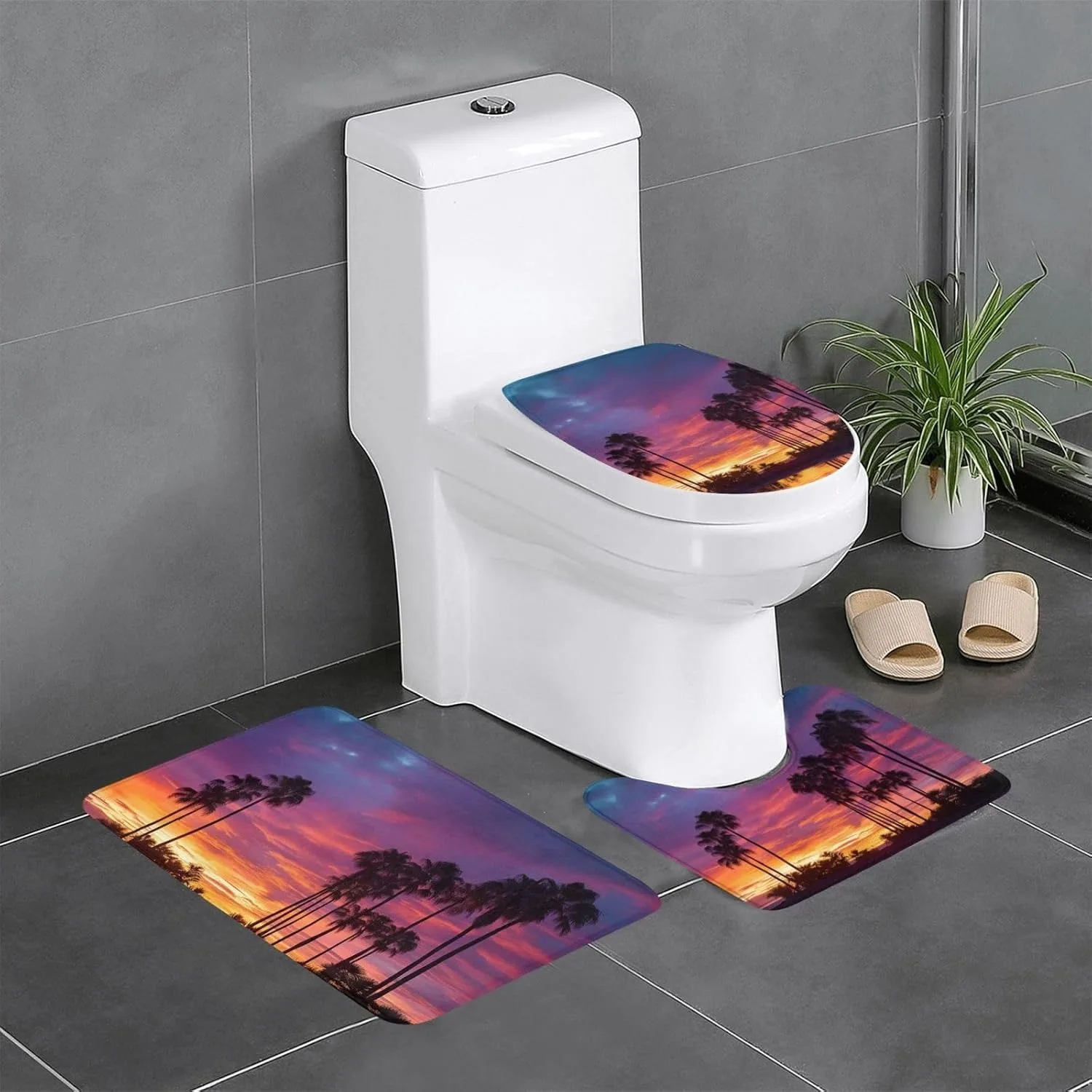 

3-х предметный набор ковриков для ванной с закатом и ладонью — мягкие, нескользящие, впитывающие, декоративные коврики для ванной и кухни для декора ванной комнаты