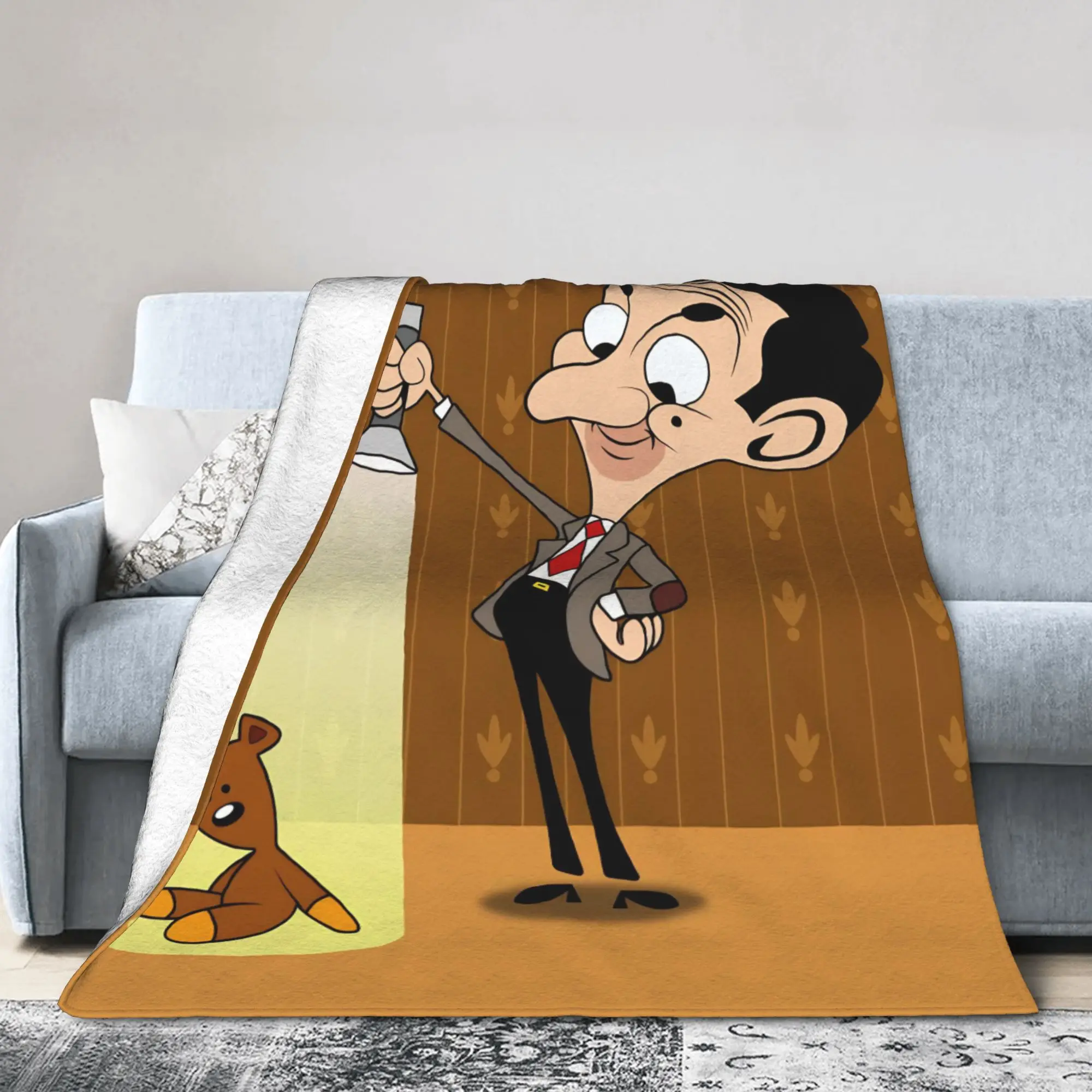 Mr. Beans  Teddy Bear  Blanket Cartoon   Flannel Throw Blankets Bed Sofa Personalised Soft Warm Bedsprea,