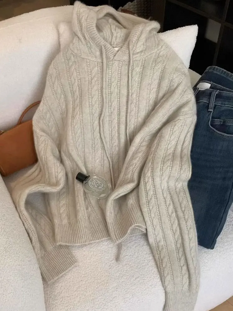 

Мягкий и удобный свитер Camere с капюшоном на шнурке Long Sve, вязаный однотонный простой корейский свитер для поездок на работу