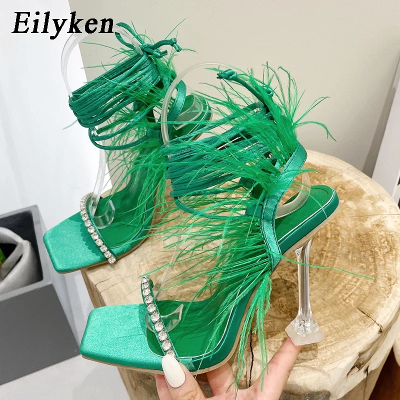 Eilyken Street Style sandali da donna con punta quadrata moda Crystal Lace-up trasparente Perspex scarpe con tacco alto décolleté per abiti da festa