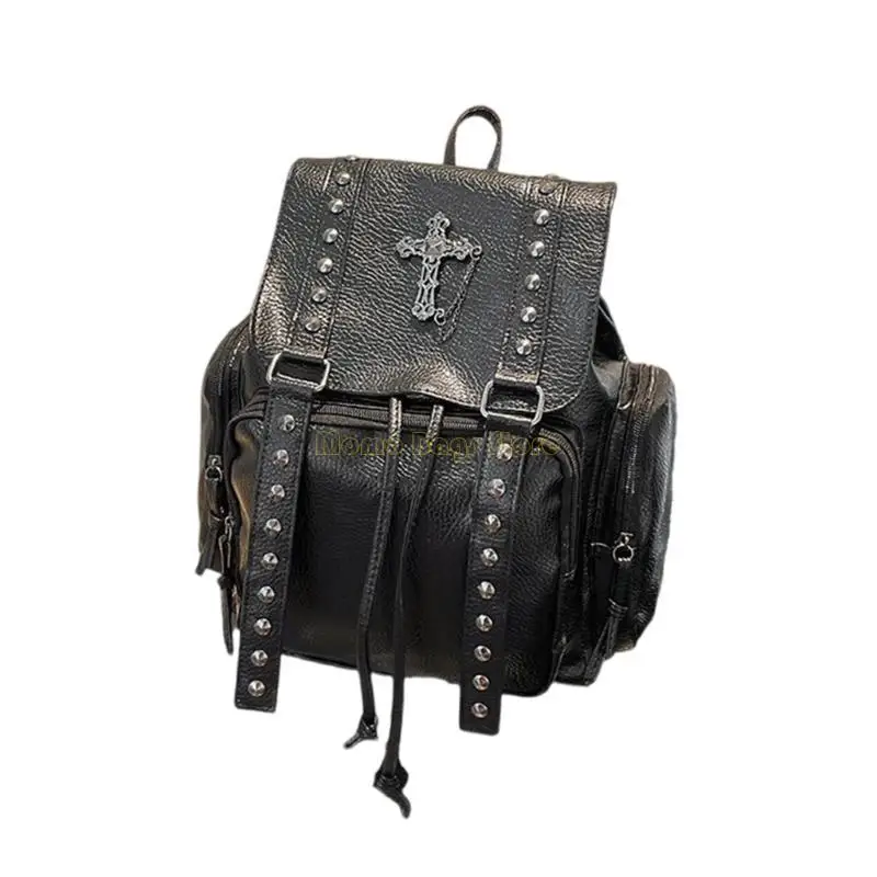 X90D Casual School Bag PU Leather Backpack dengan Rivet Detail Esthetic Rucksack