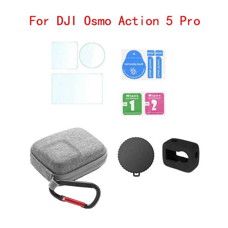 For DJI Osmo Action 5 Pro Camera 9H Tempered Glass Film+Mini Storage Carring Bag+Lens Protective Case Cover+Windslayer Cover