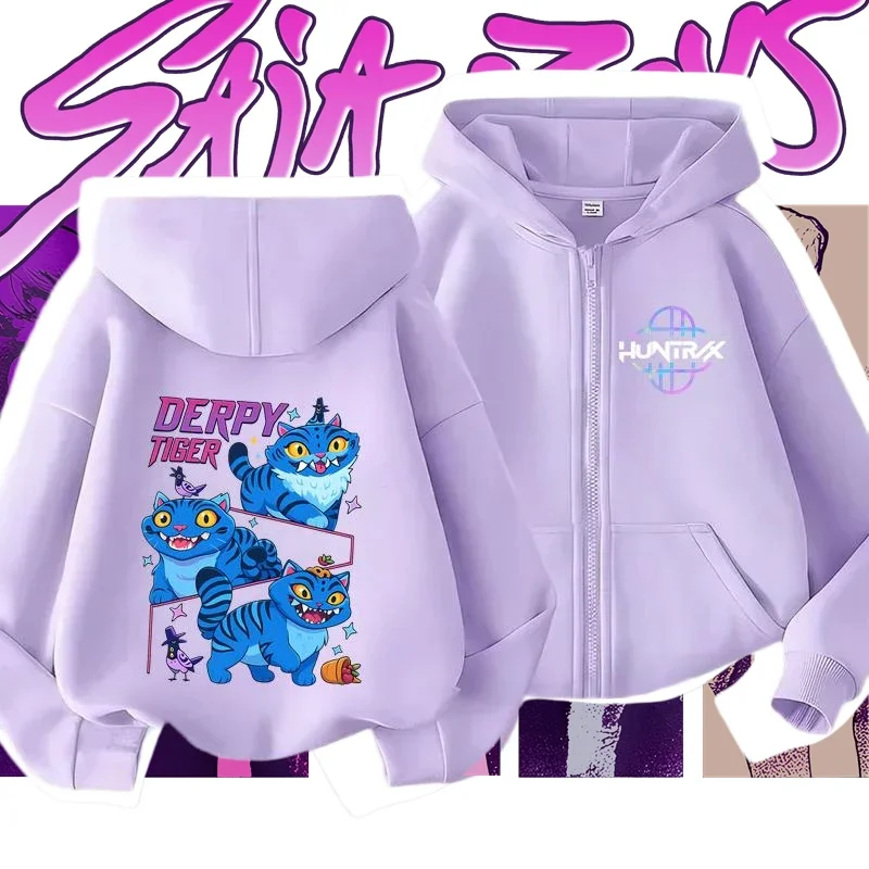 

Boys Kpop Demon Hunters Zipper Hoodies Tracksuit Kids Purple Sweatshirt Warm Soft Cool Anime Print Comfortable Pullover​