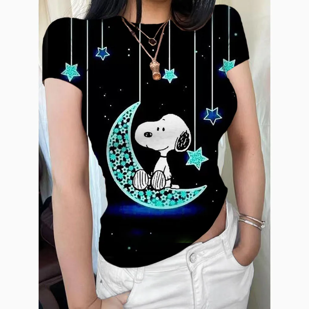 Basic short sleeved women\'s T-shirt Snoopy print top women\'s fashion Korean T-shirt round neck tight top