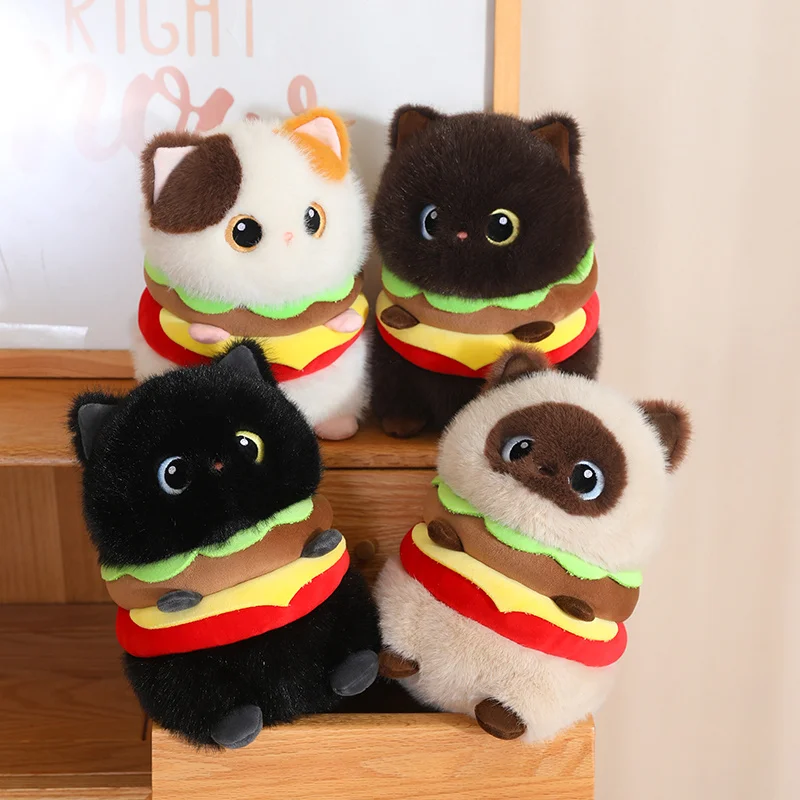 

23cm Creative Funny Hamburger Cat Simulation Burger Siamese Cat Plush Toys Pillow Stuffed Animal Sofa Cushion for Girls Gifts
