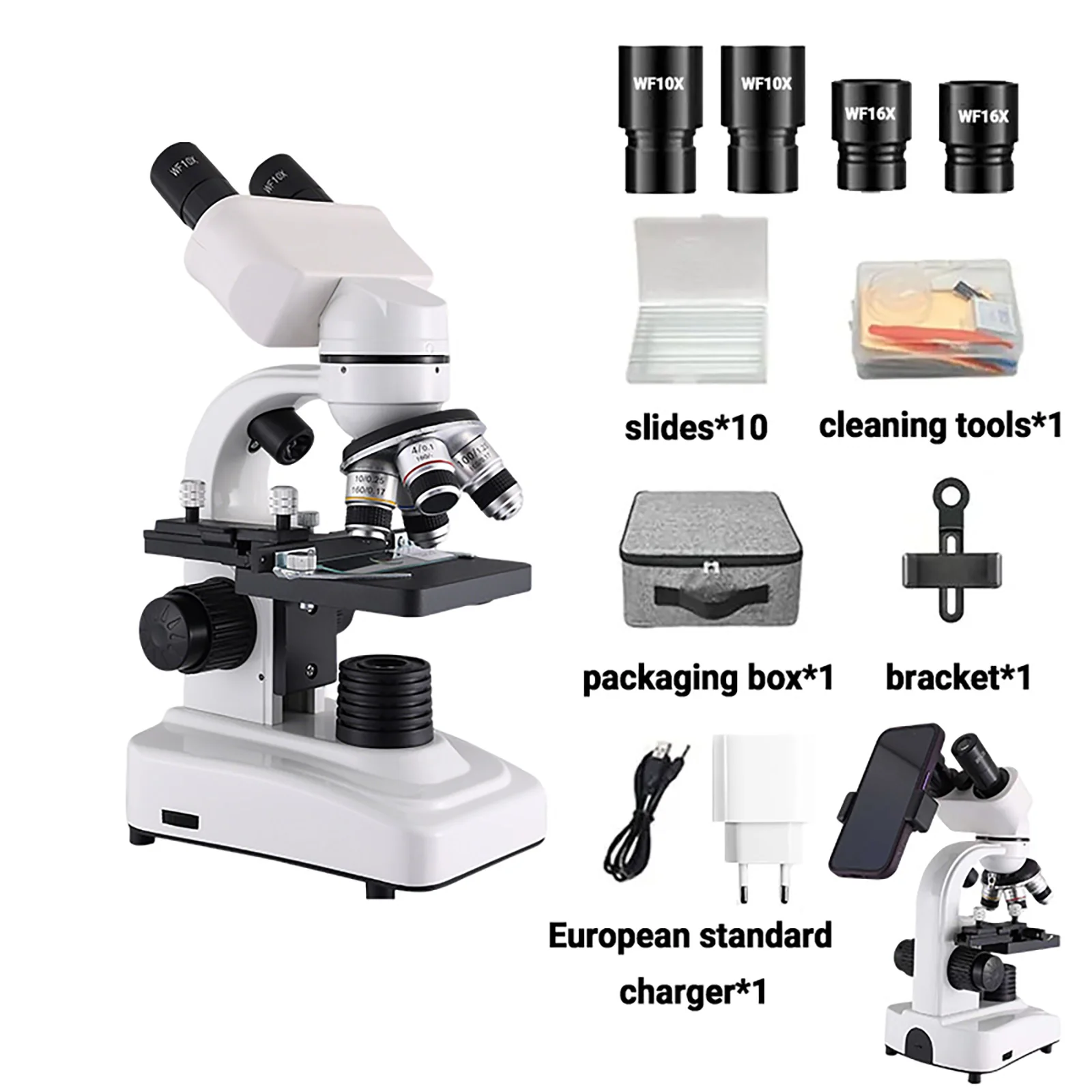 Microscopio Binocular para estudiantes, microscopios 64X-1600X, cuerpo metálico, doble iluminación LED, Kit de microscopio compuesto biológico