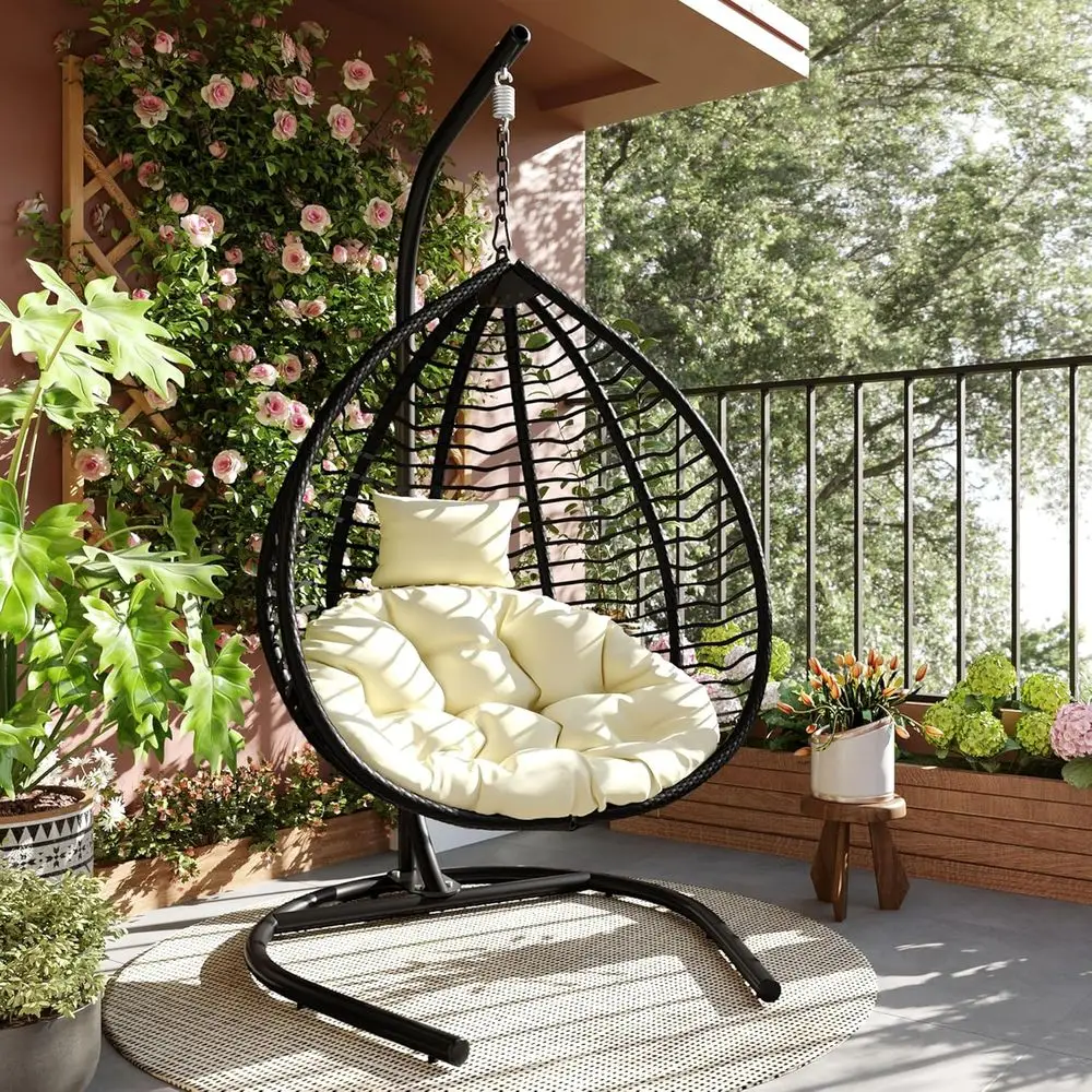 

Heavy Duty Hanging Egg Chair with Stand, Wicker Swing Chair, Deep Seat Hammock, Creamy Beige Cushion, 330lbs Capacity, Suitable